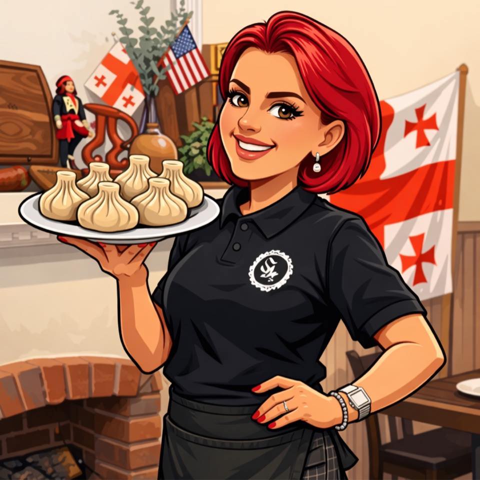 Saamo Cafe illustrated hostess carrying khinkali